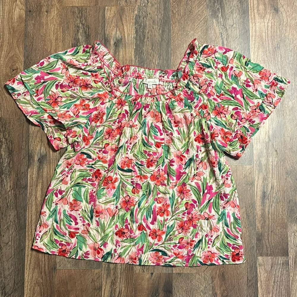Chenault Pink and Green Floral Ruffle Sleeve Top